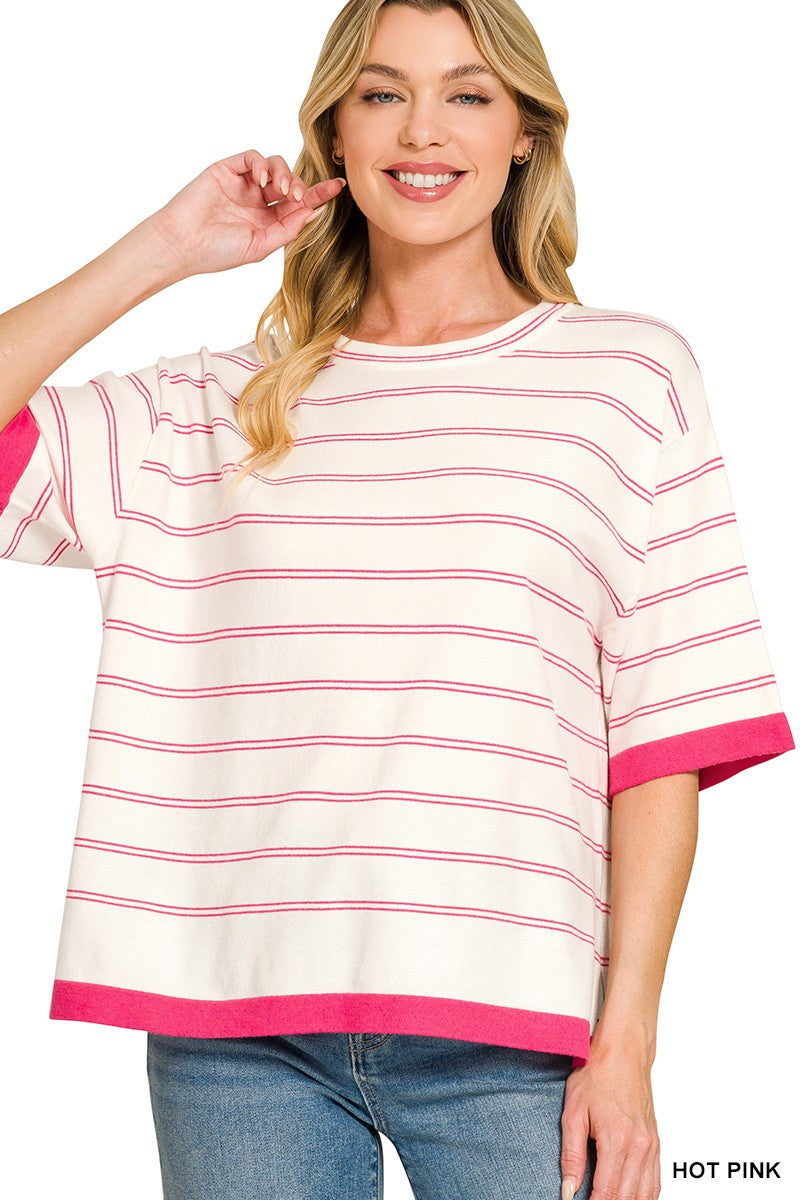 Women’s striped short sleeve sweater top made from a soft viscose blend knit, styled as a versatile transitional fall top.