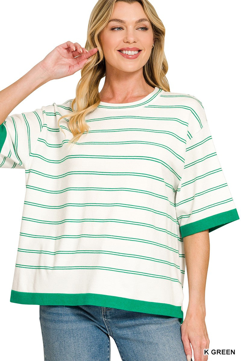 Viscose Stripe Short Sleeve Sweater