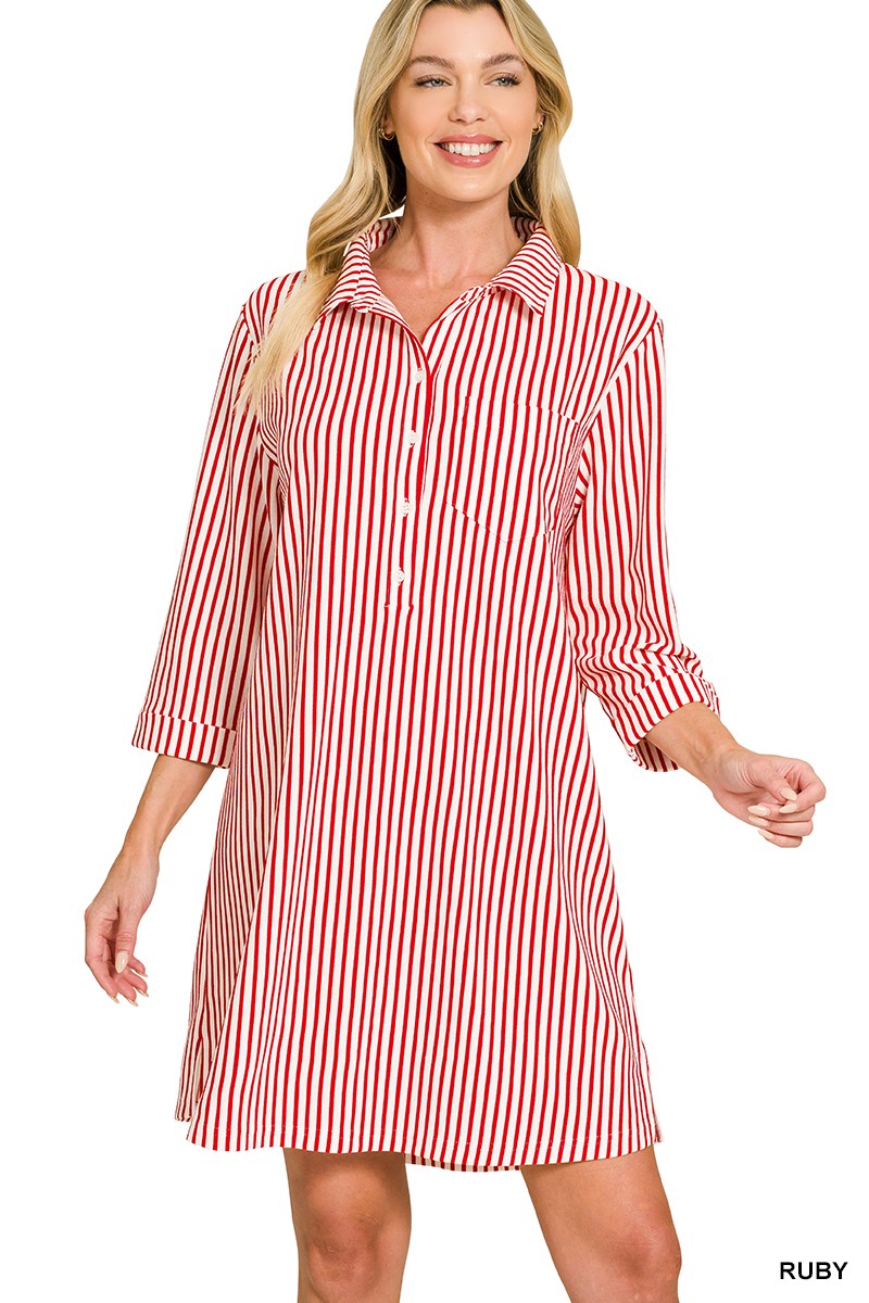 Collared Half Button Striped Dress Shirts