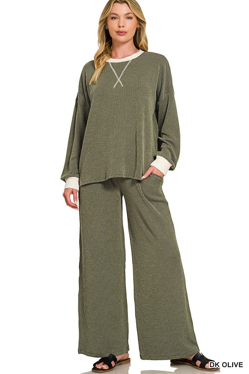 Raised Rib Round Neck Pullover & Pants Set