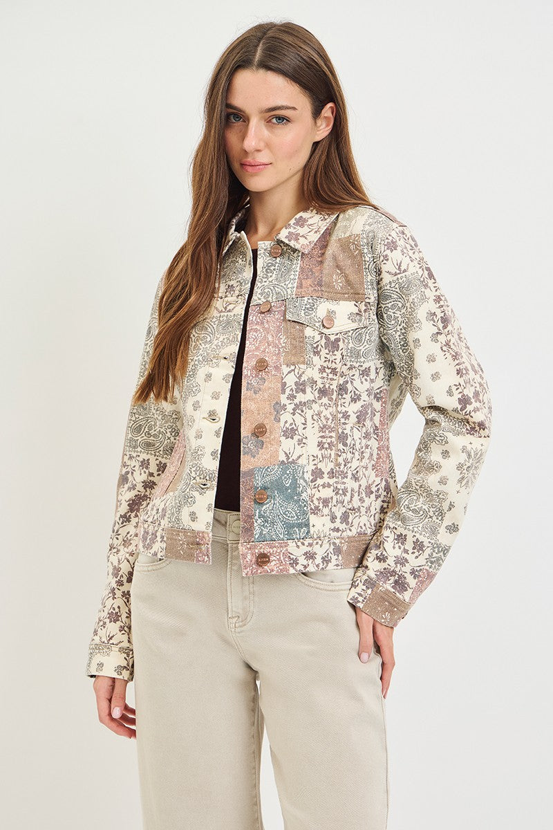 Women’s paisley print stretch denim jacket in cream and earthy brown tones, available in regular and plus sizes.