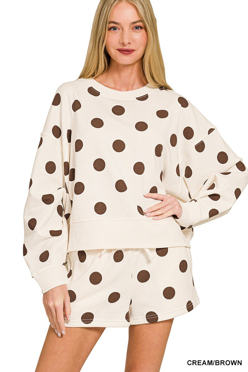 Fleece Polka Dot Print Round Neck Pullover & Shorts Set