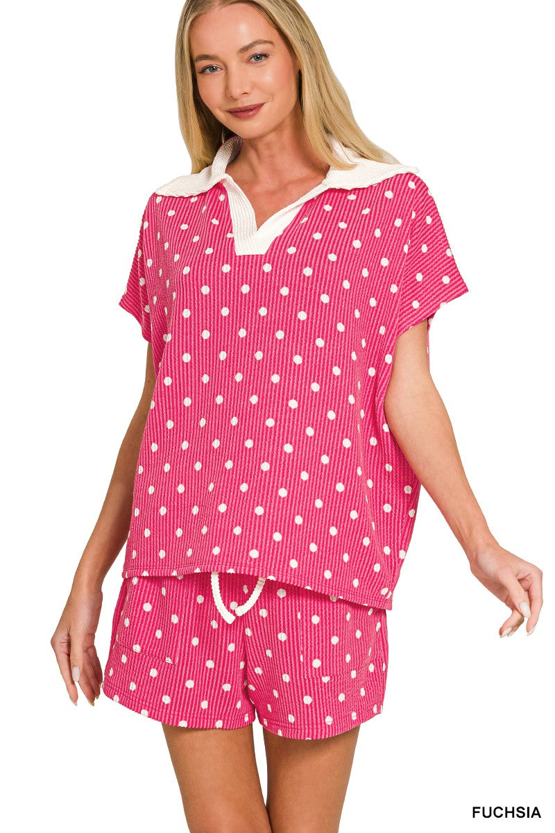 Polka Dot Screen Print Raised Rib Collared Top & Shorts Set