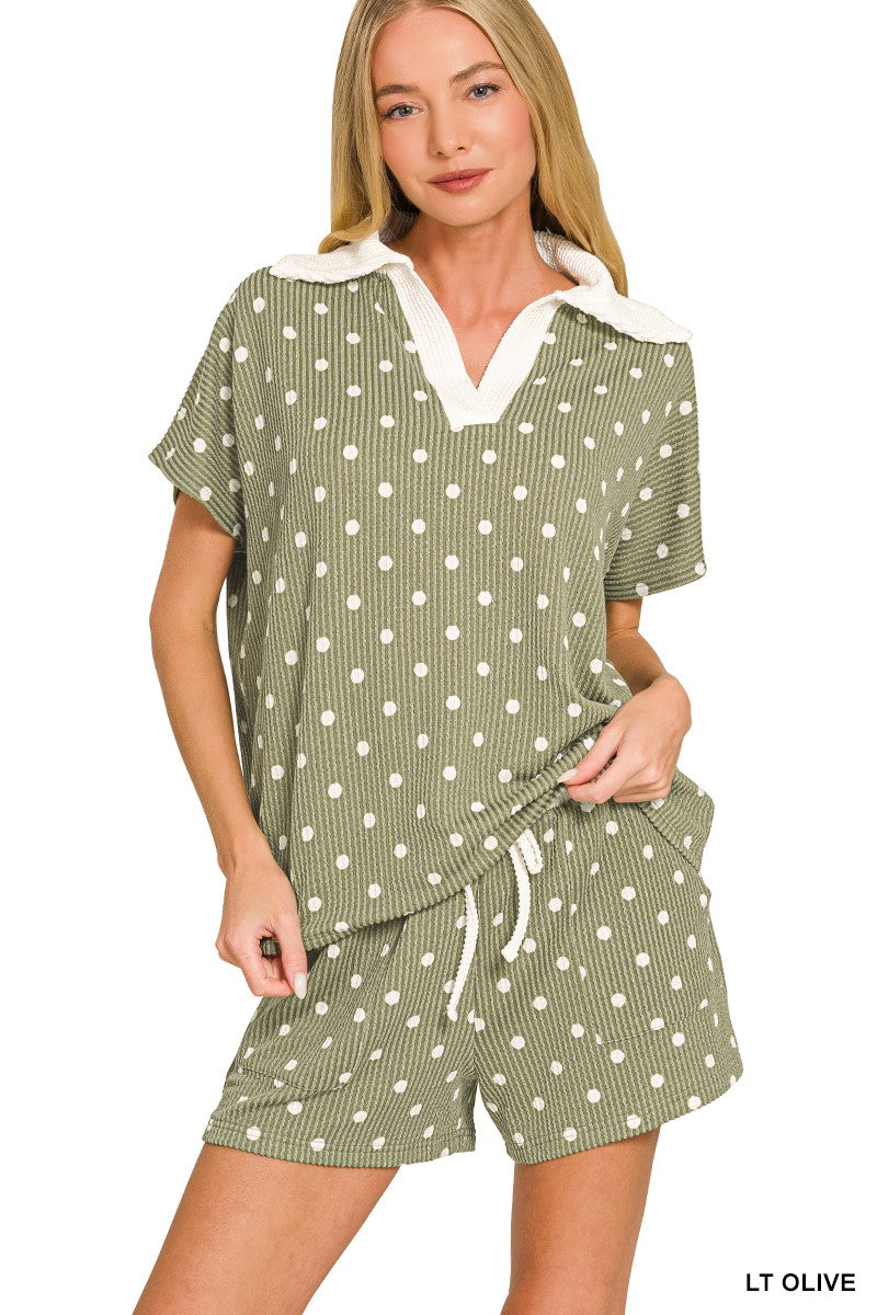 Polka Dot Screen Print Raised Rib Collared Top & Shorts Set