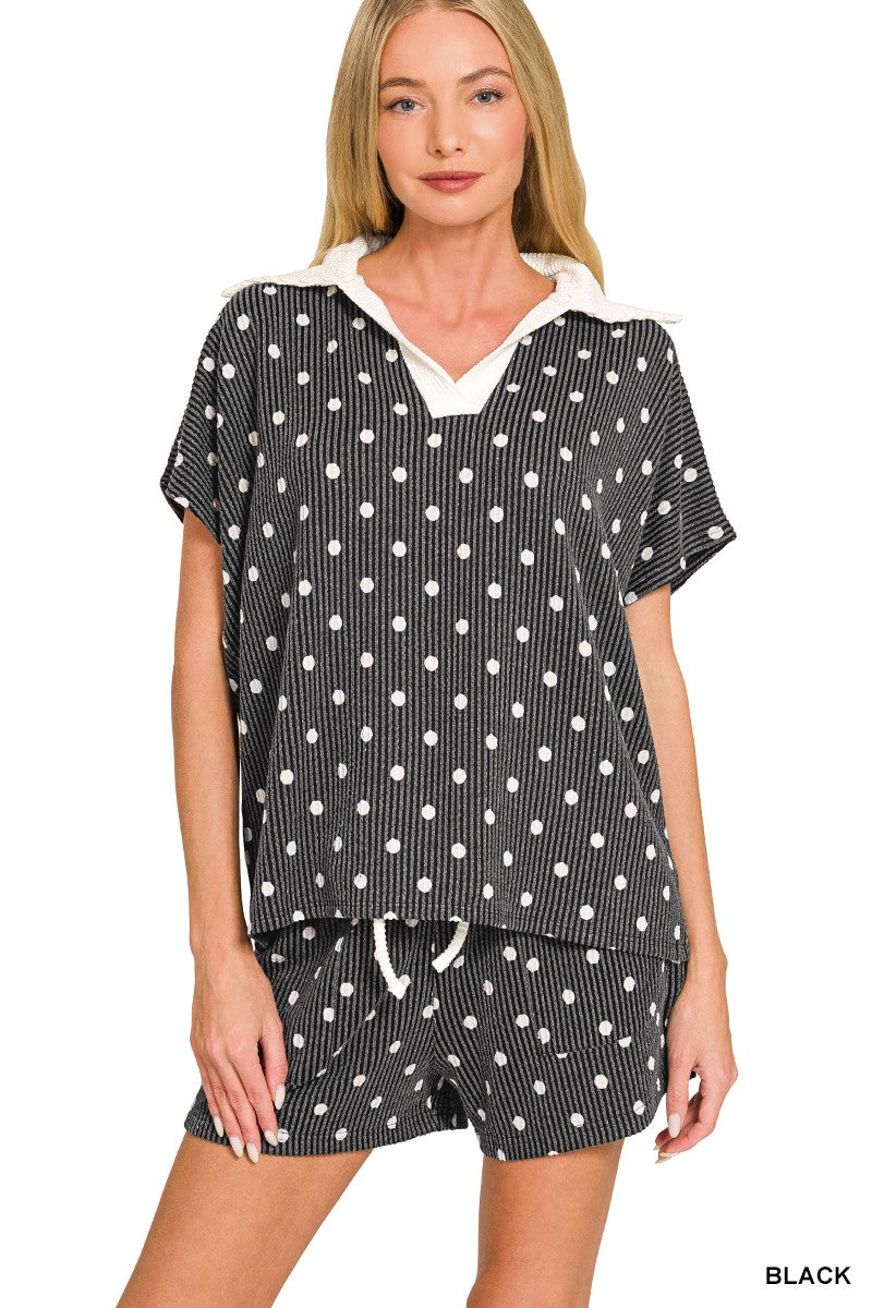Polka Dot Screen Print Raised Rib Collared Top & Shorts Set