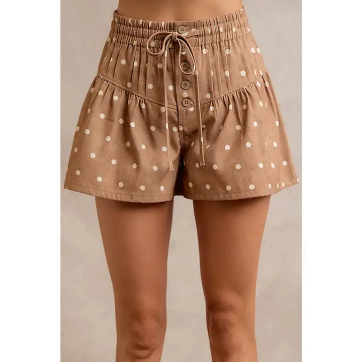 Women's mocha polka dot denim shorts with elastic waist and drawstring