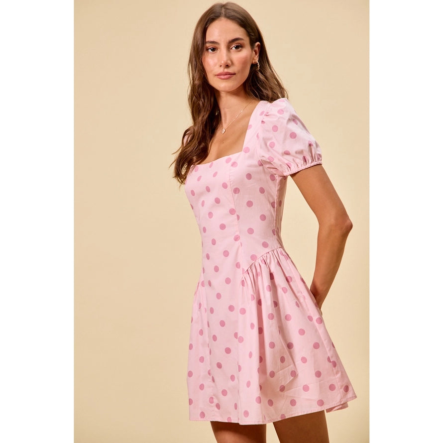 Pink Sugar Polka Dot Mini Dress by So Me featuring a flattering fit-and-flare silhouette, puff short sleeves, square neckline, pink with darker pink polka dots, cotton fabric, perfect for feminine boutique style, SKU: 12345