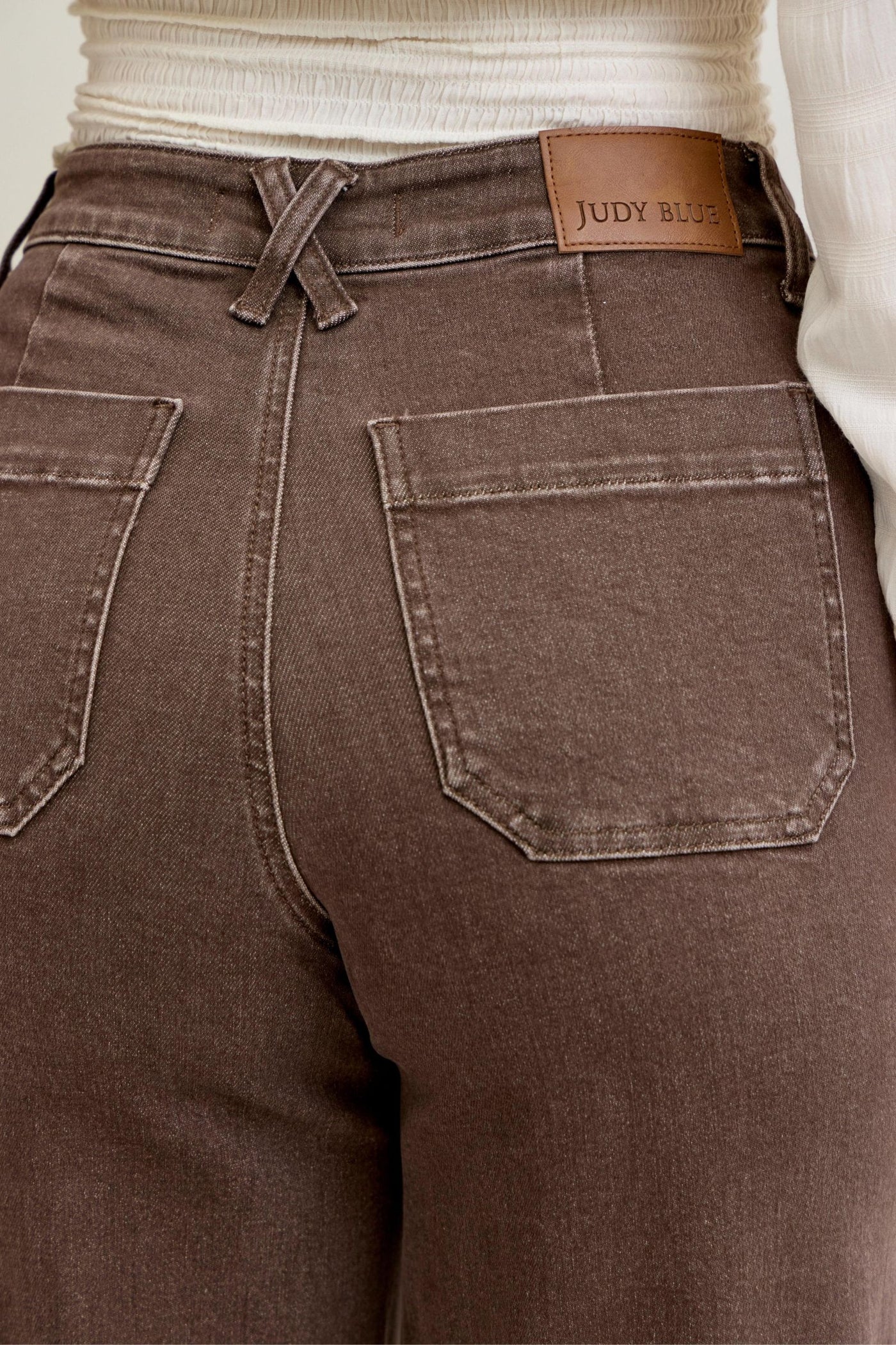 Judy Blue High Waist Retro Yarn Dyed Brown Front Patch Pockets Wide Leg Denim Jeans 881008