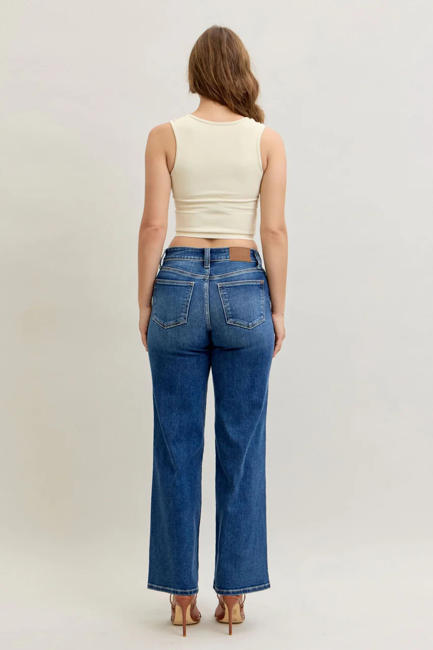 Judy Blue Mid Rise 90's Front Patch Double Pocket Straight Denim Jeans 82680
