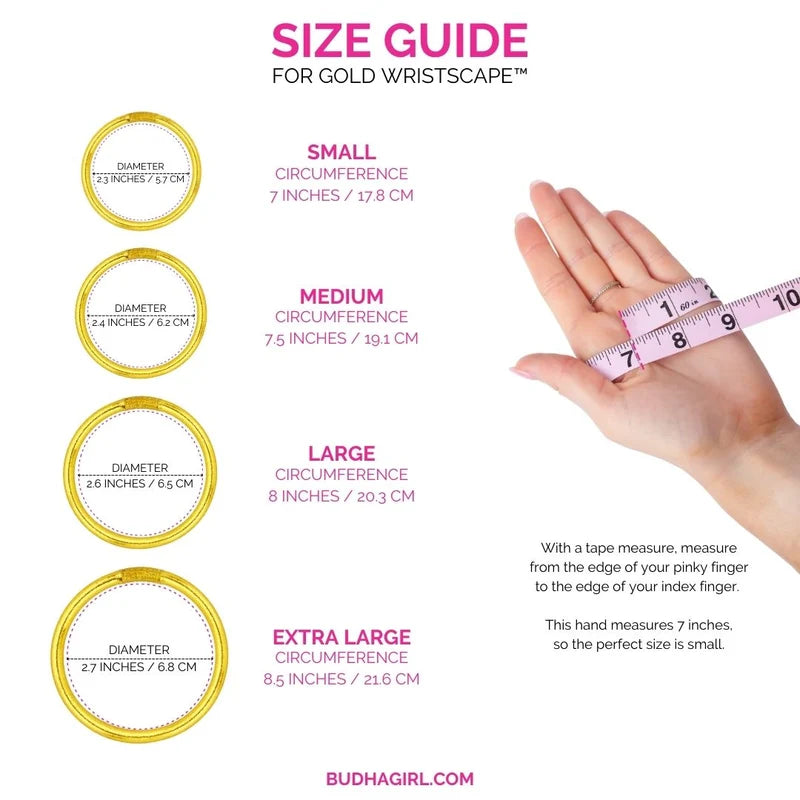Size guide showing gold-toned bangles with diameter measurements for small, medium, large, and extra-large wrist sizes