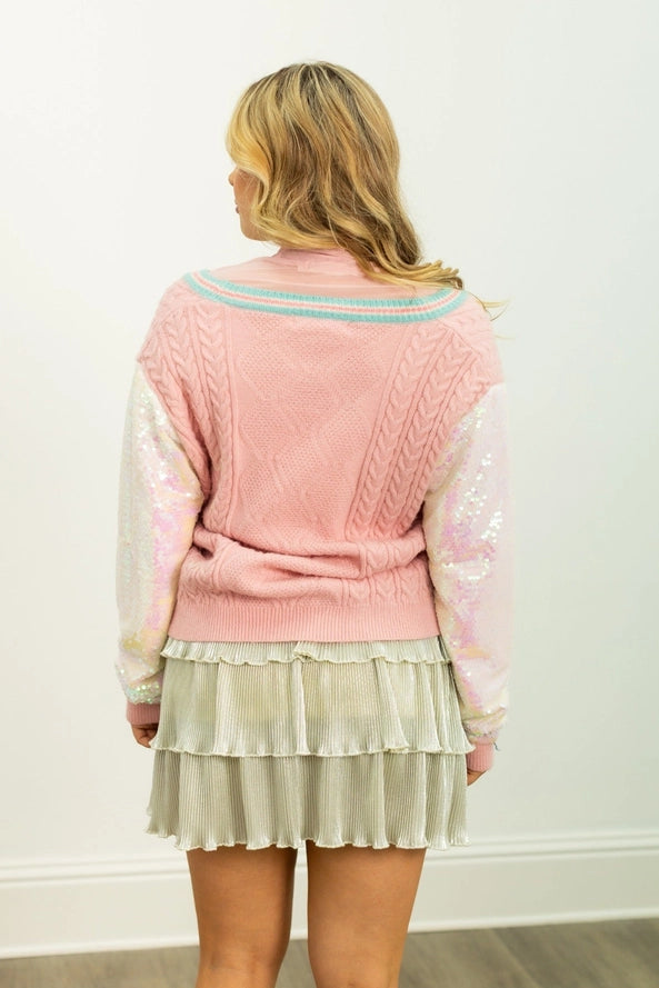 Snowman Cardigan with Sequin Sleeves By Grace + Emma