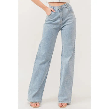 Rhinestone Hotfix Stretch Denim Pants