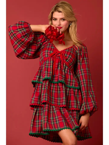 Christmas Plaid Long Sleeve Tiered Dress