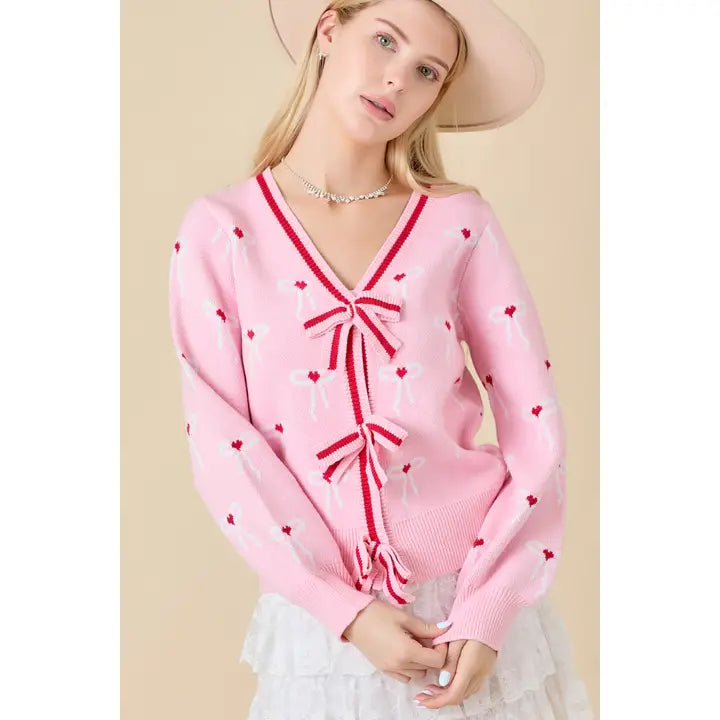 Sweater Knit Cardigan with Ribbon Bow Detail