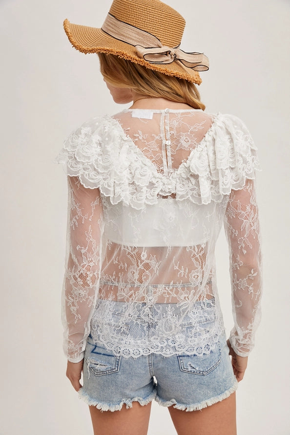 Midnight Romance Sheer Lace Ruffle Top By Blueivy