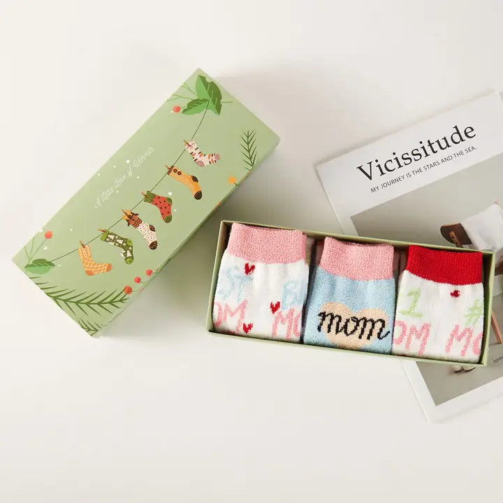 Love Mom Theme Cute Graphic Fuzzy Socks Gift Box (3 Pairs)