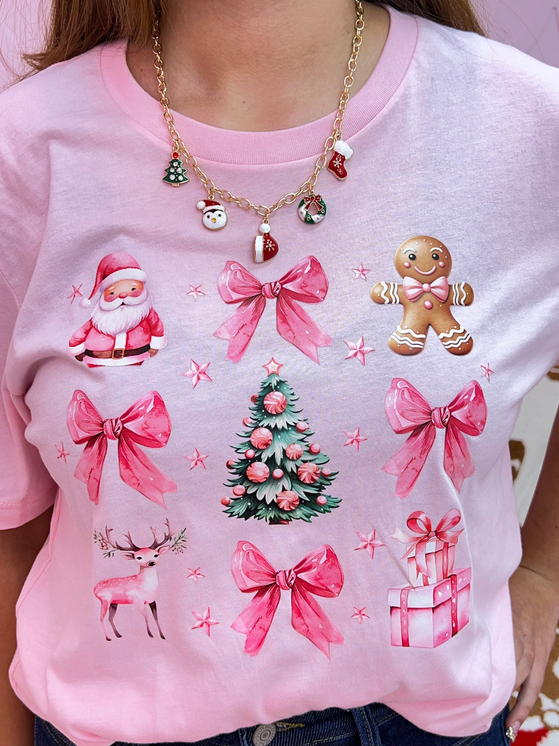 Santa Bow Tree Light Pink Graphic tee