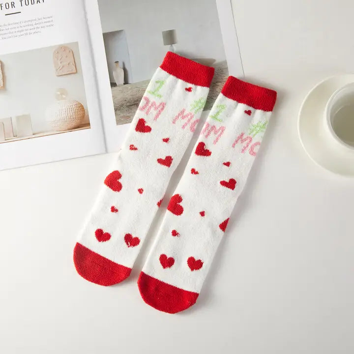 Love Mom Theme Cute Graphic Fuzzy Socks Gift Box (3 Pairs)
