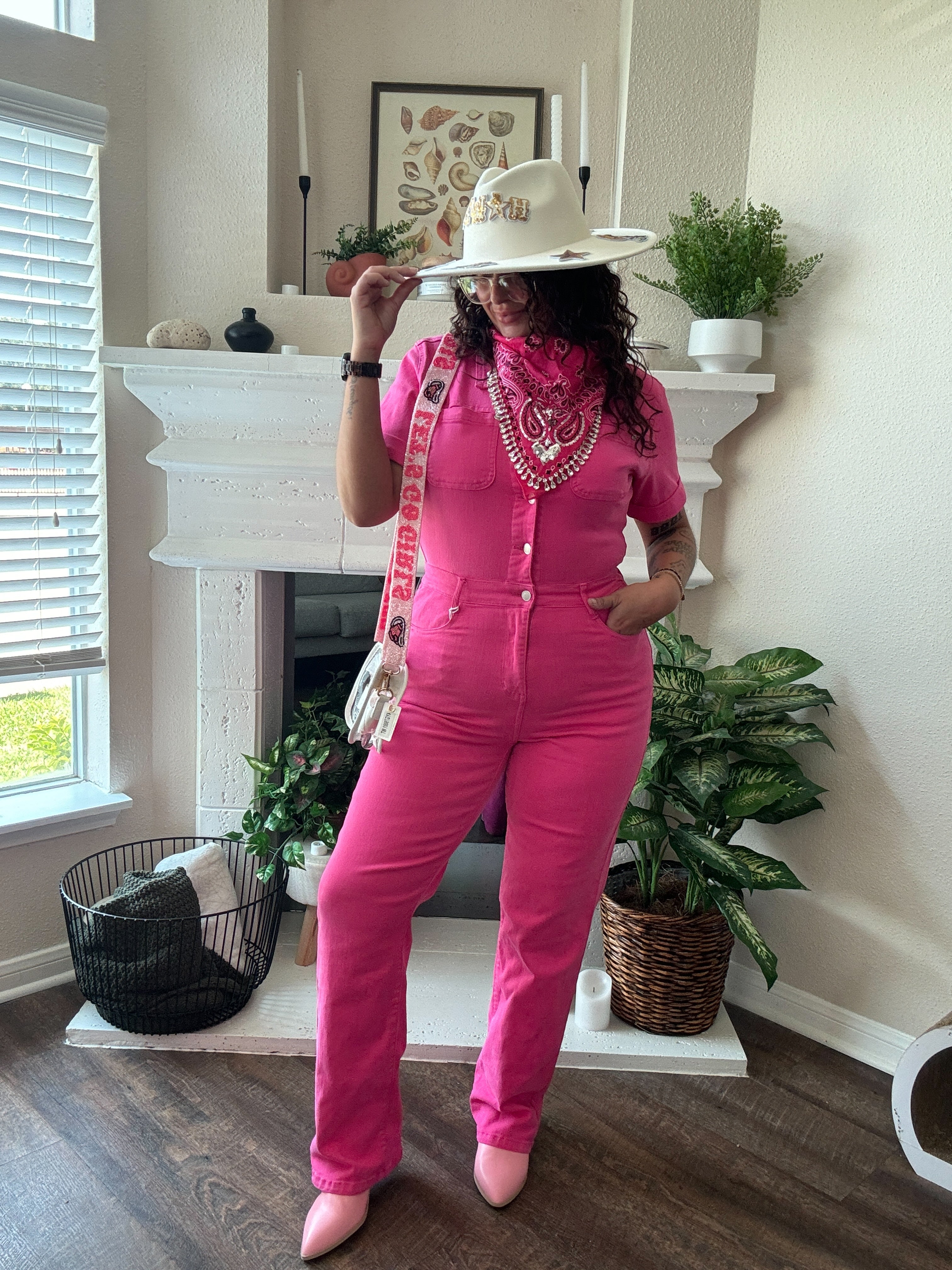 Judy Blue High Waist Garment Dyed Hot Pink Short Sleeve Straight Denim Jumpsuit 88834