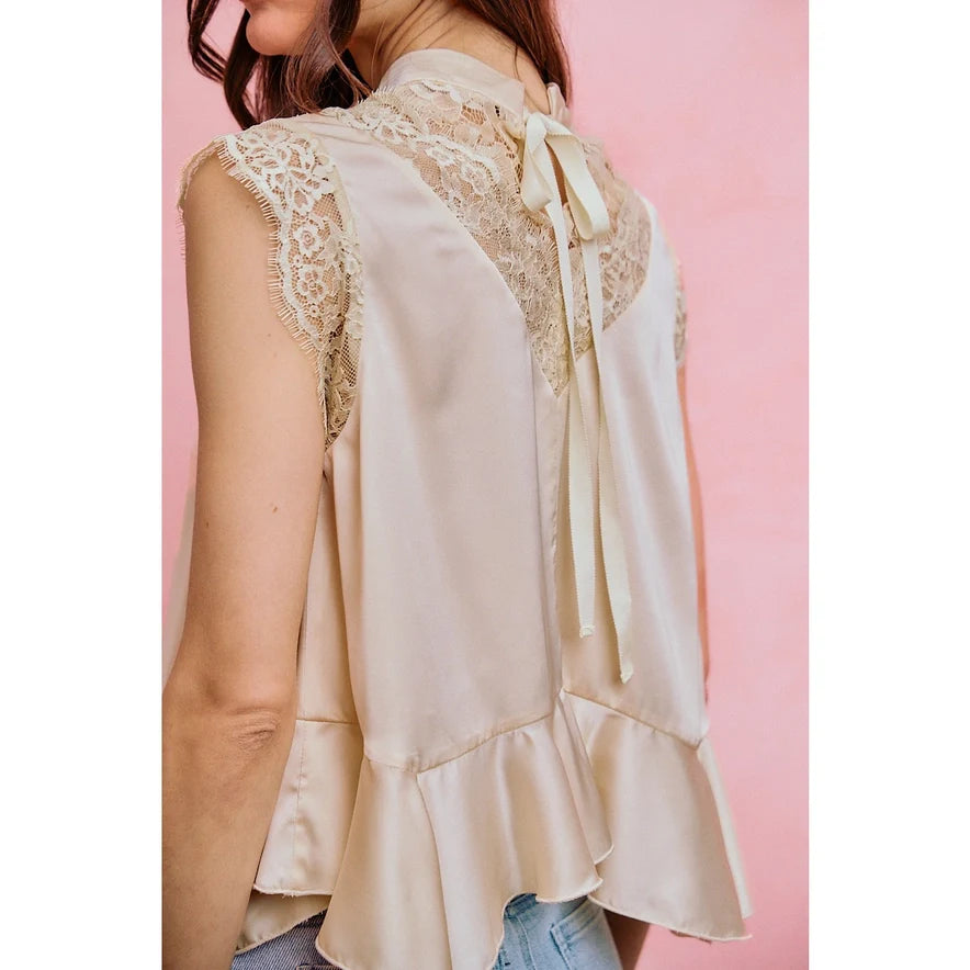 Ruffle satin top with lace cap sleeve 