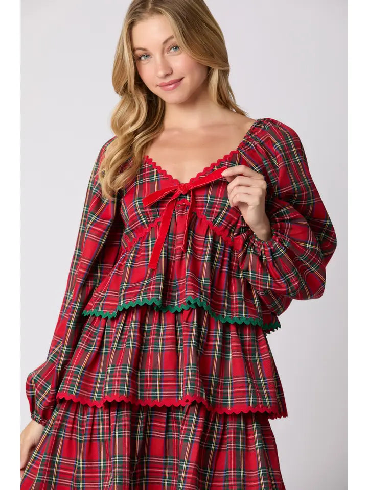 Christmas Plaid Long Sleeve Tiered Dress