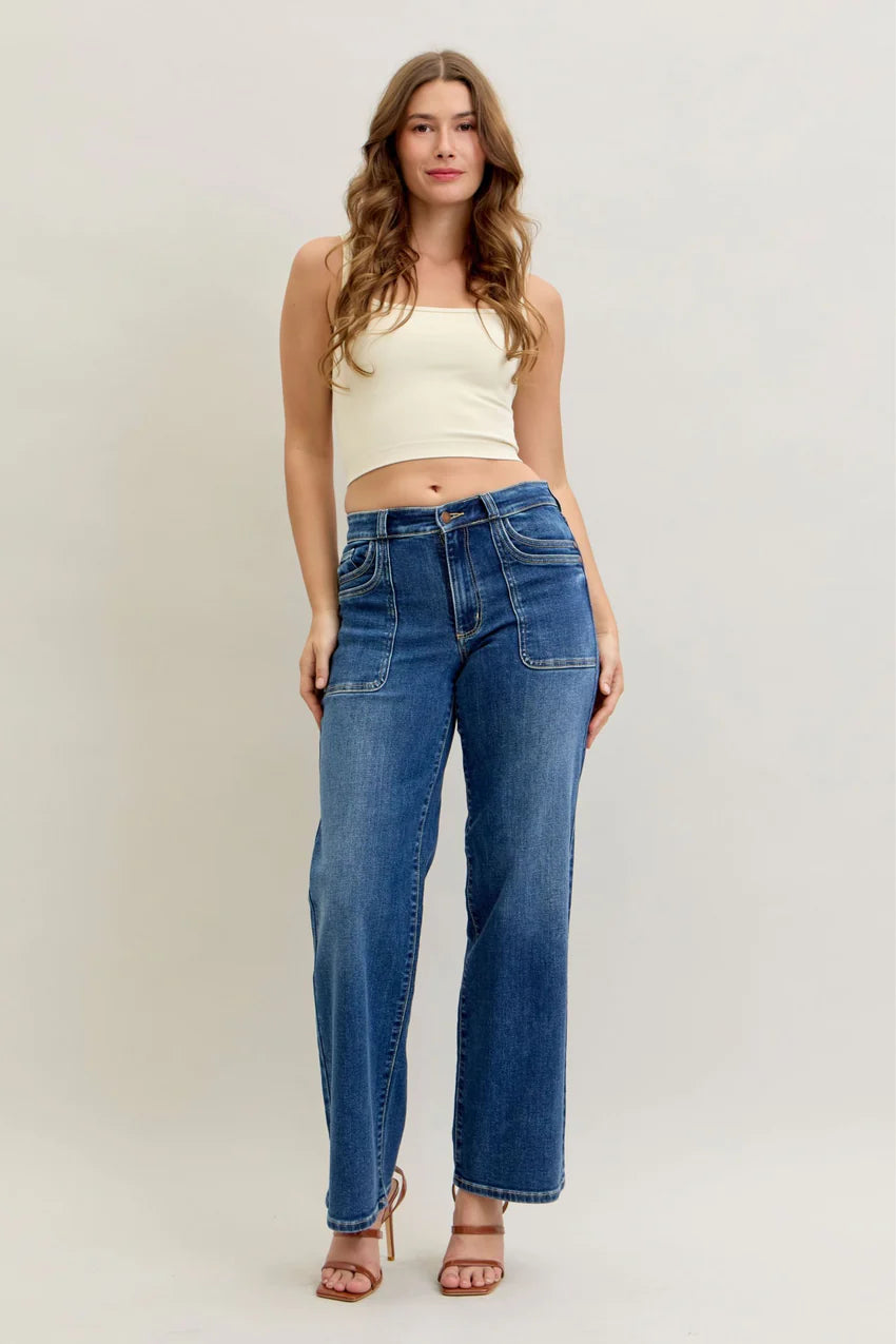 Judy Blue Mid Rise 90's Front Patch Double Pocket Straight Denim Jeans 82680