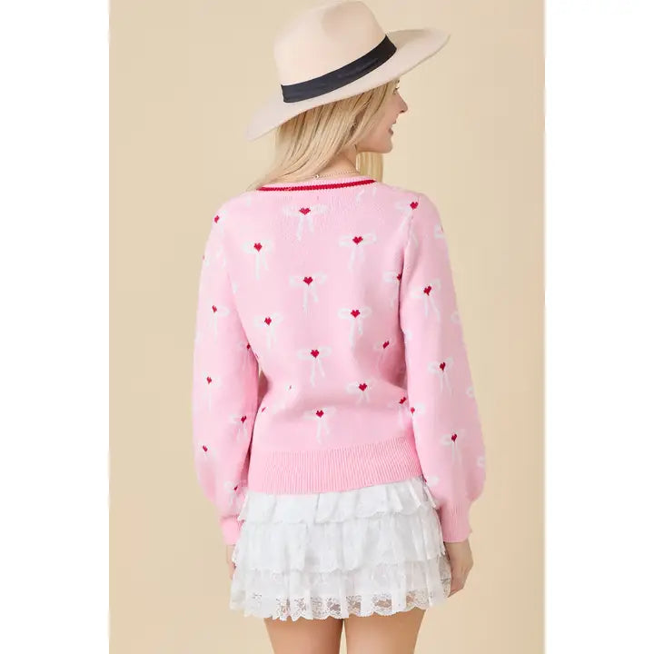 Coquette Sweater Knit Cardigan with Ribbon Bow Detail