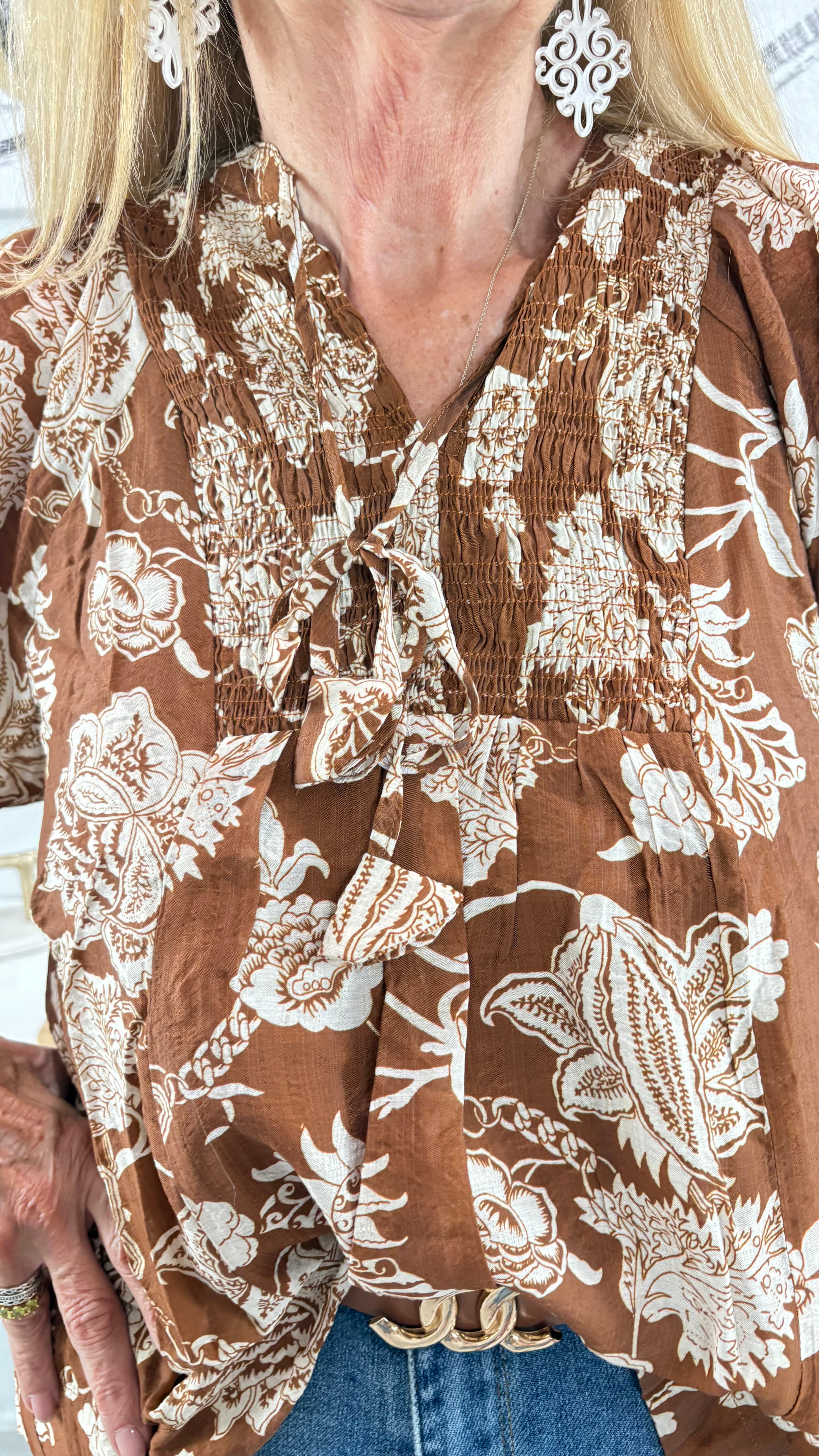 DG Two Tone Floral Print Boho Blouse By Umgee