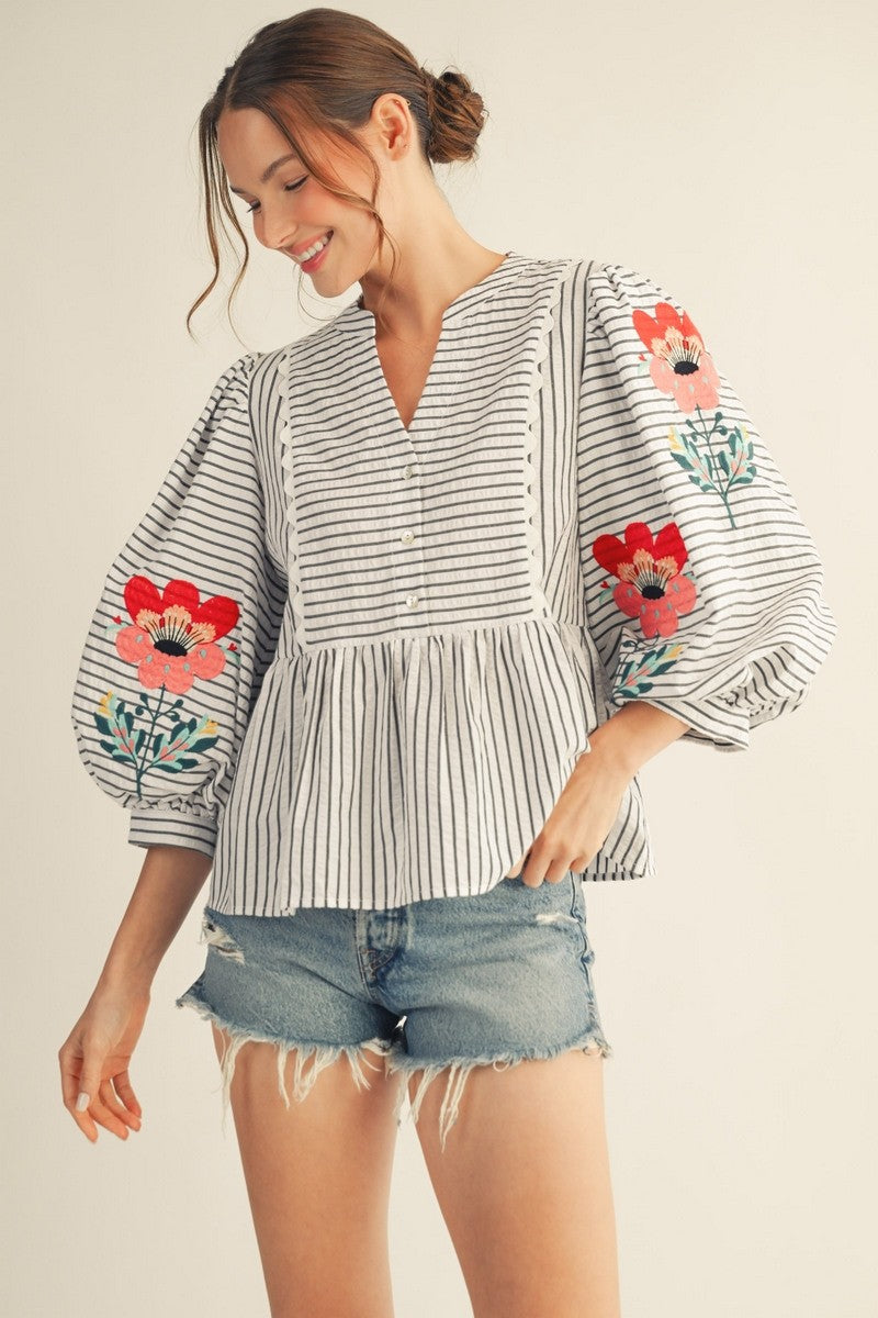 striped peplum blouse with floral embroidered puff sleeves women boutique top