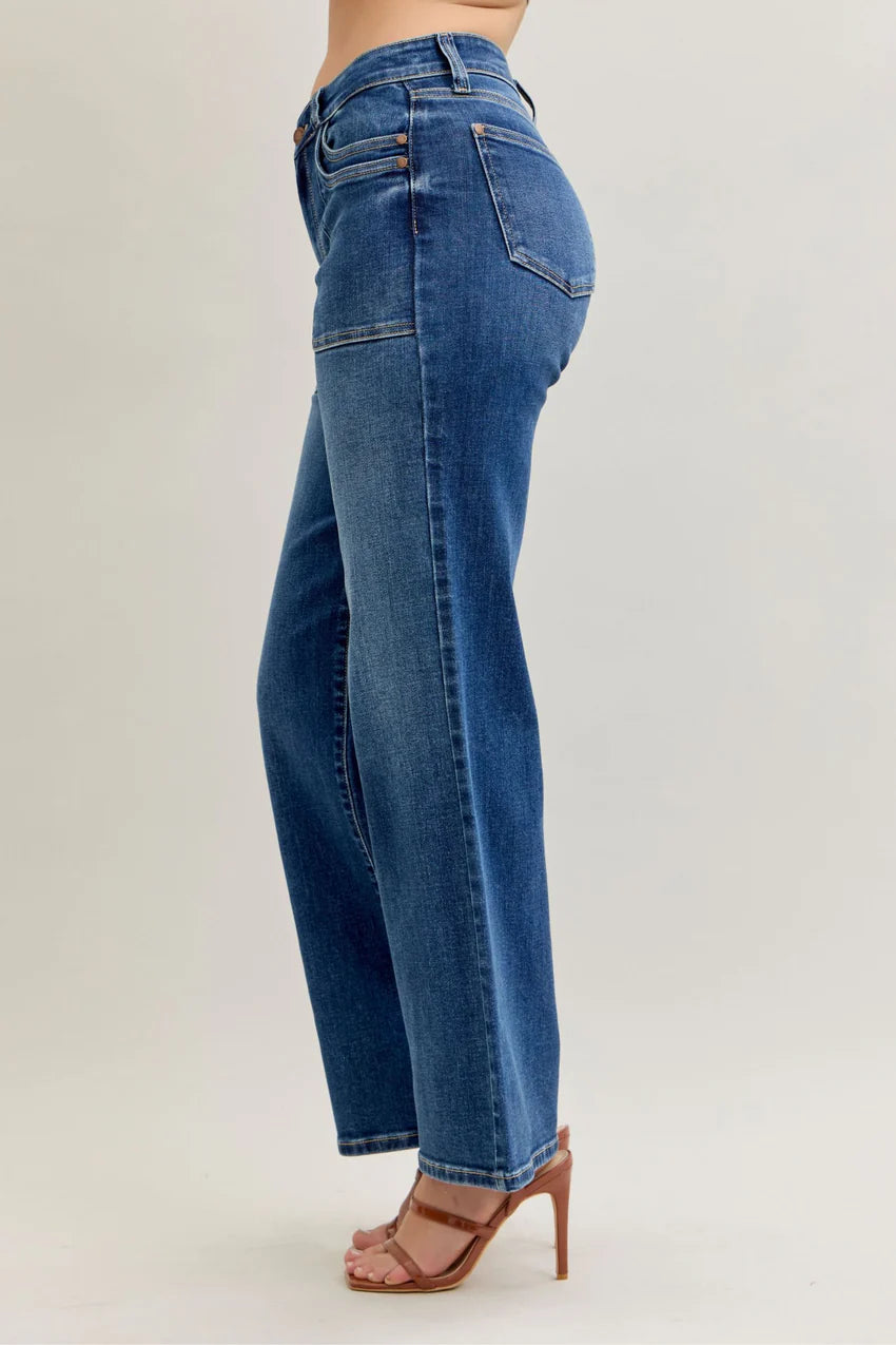 Judy Blue Mid Rise 90's Front Patch Double Pocket Straight Denim Jeans 82680