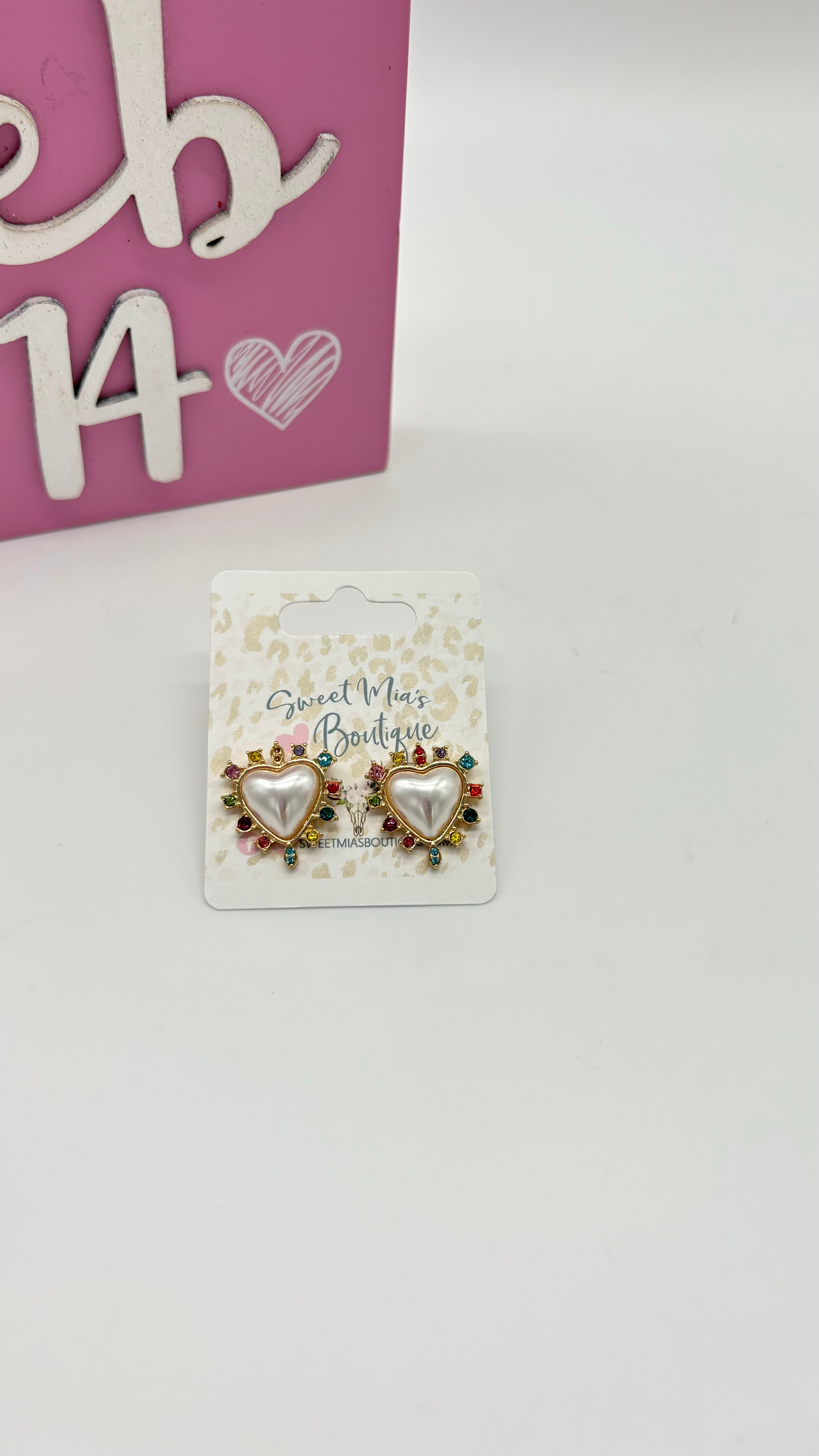 Pearl and Multicolor Rhinestone Heart Earrings