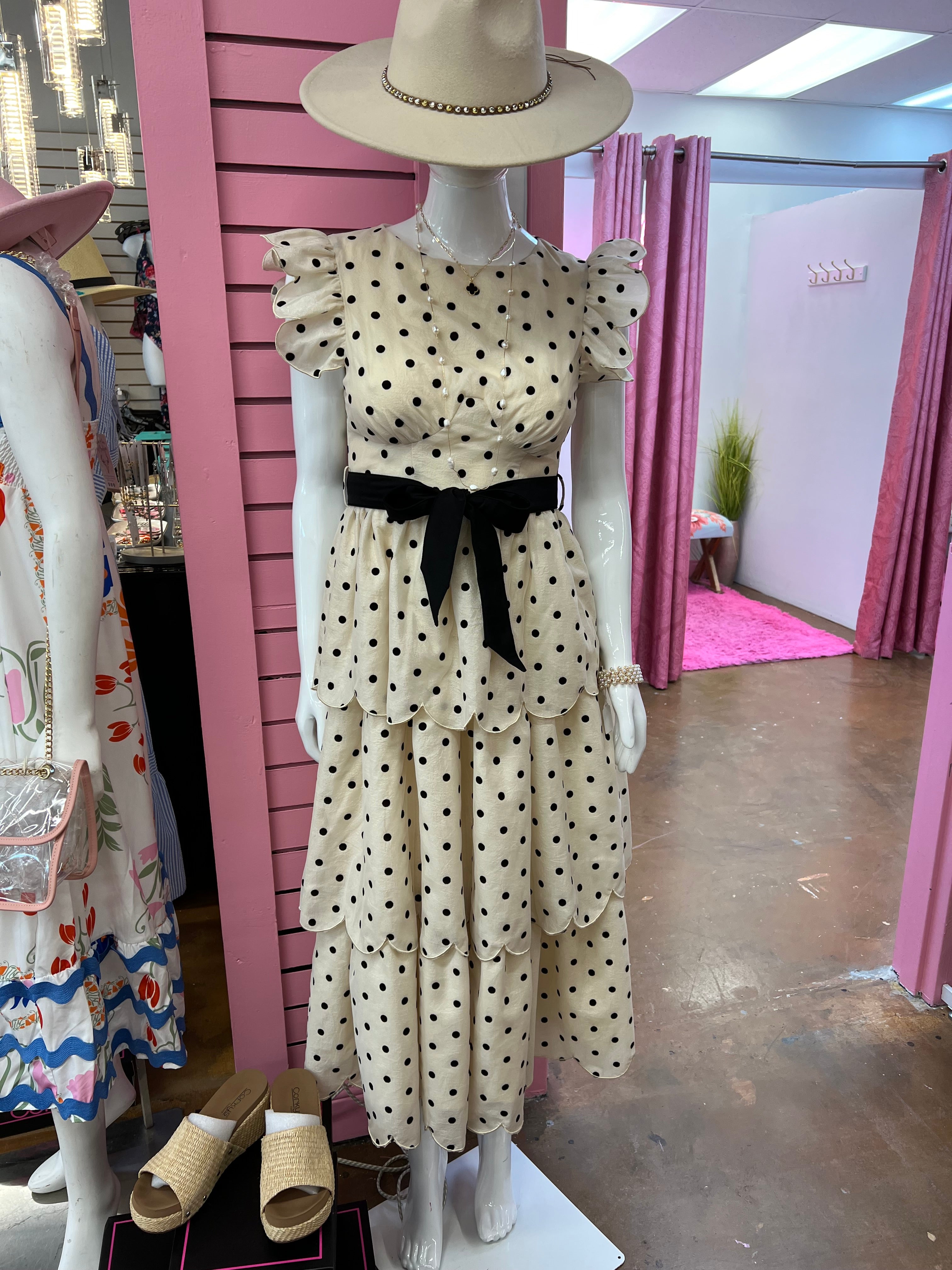 Polka Dot Scalloped Ruffle Tiered Midi Dress