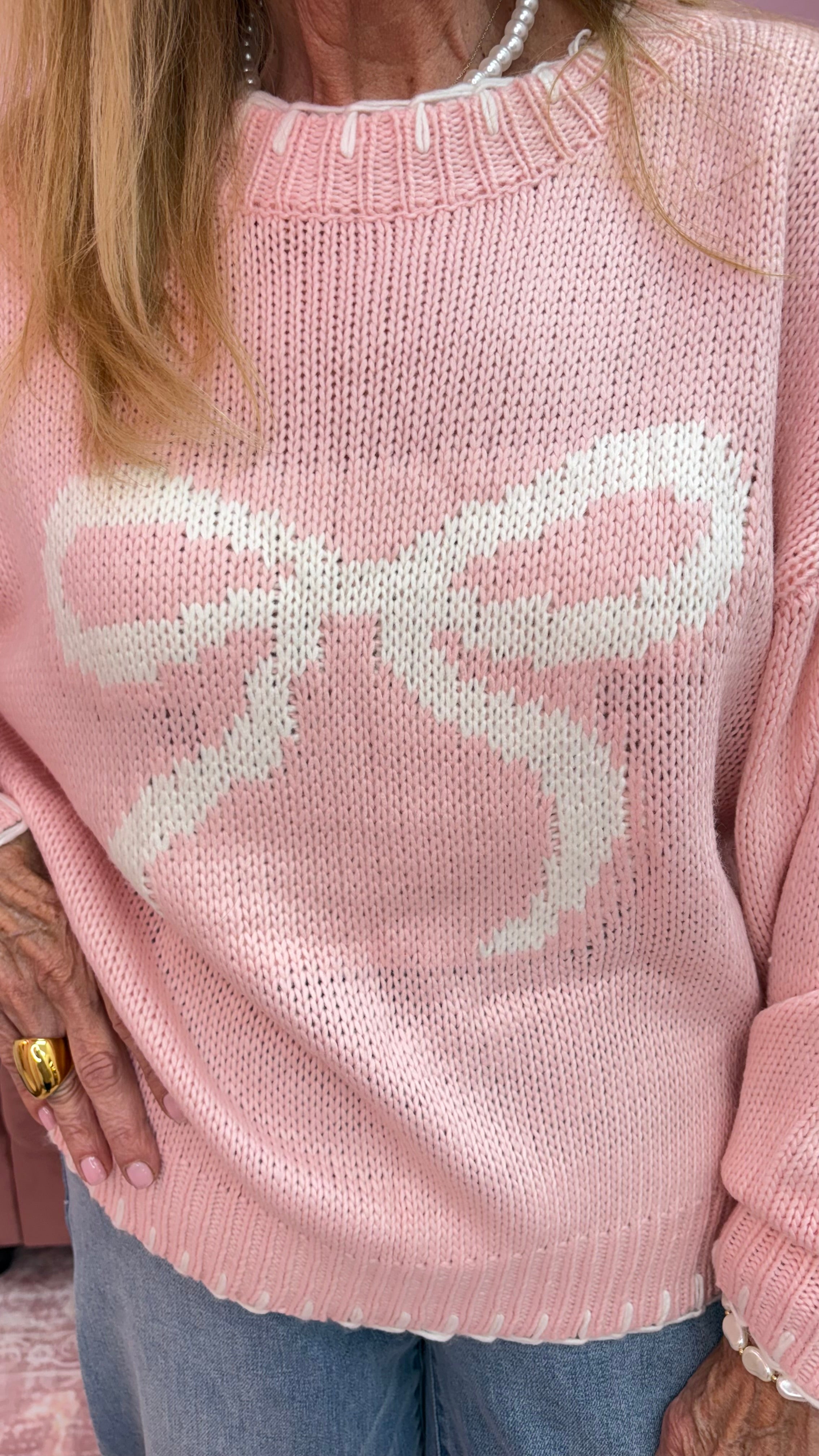 Coquette Holiday Big Bow Sweater Pullover with Contrast Edge Stitches