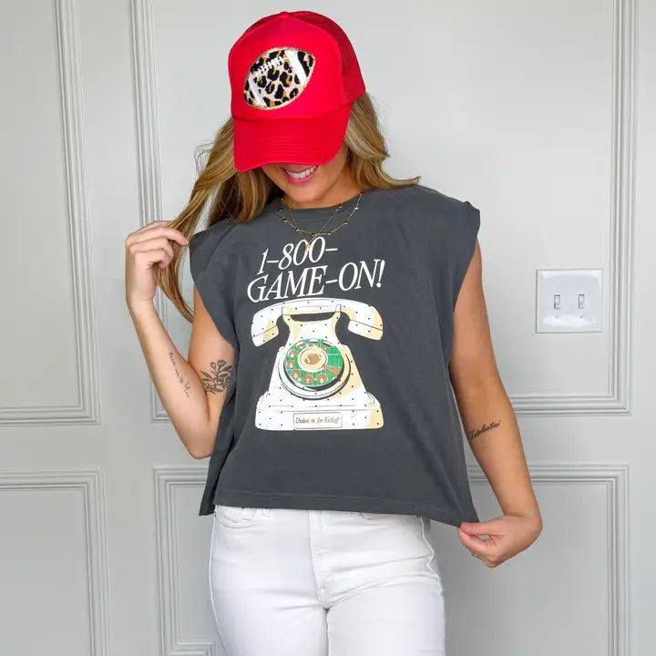 Women’s faded black 1-800 Game On graphic tank top by American Apparel, designed for football game days, tailgates and casual fall outfits.