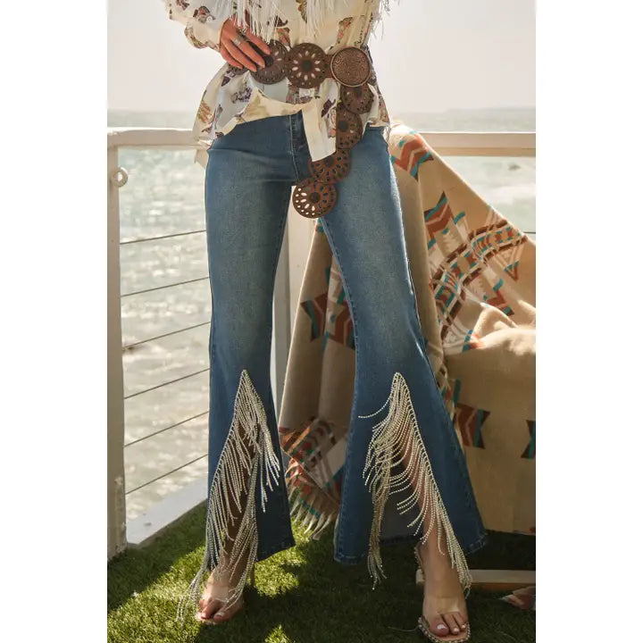 High Waist Flare Bottom w/ Rhinestone Fringe Jeans