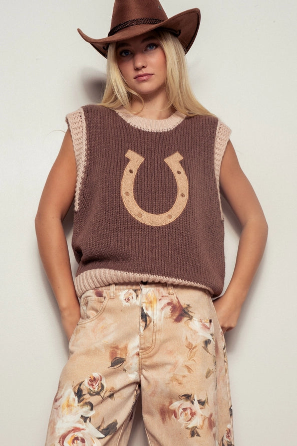 Western Horseshoe Crochet Knit Ribbed Trim Sweater Vest By Urban Daizy