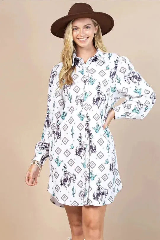 Cowboy Rodeo Cactus Print Button Down Shirt