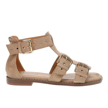 Tan suede gladiator sandals with gold detailing by Corkys