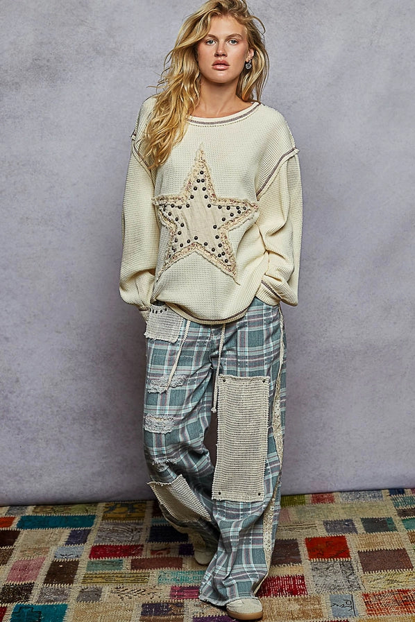 Long Sleeve Round Neck Star Patch Thermal Knit Top By Pol