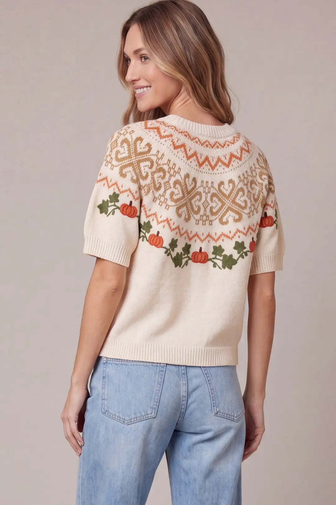 Cream pumpkin Fair Isle sweater with embroidered pumpkins and green ivy, short sleeves, cozy fall knit, perfect for autumn fashion
