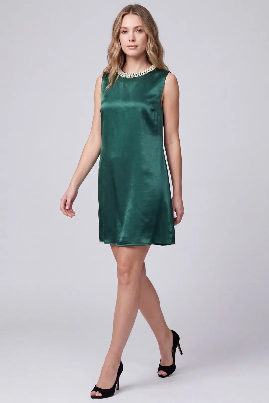 Emerald Elegance Pearl Neckline Satin Mini Dress
