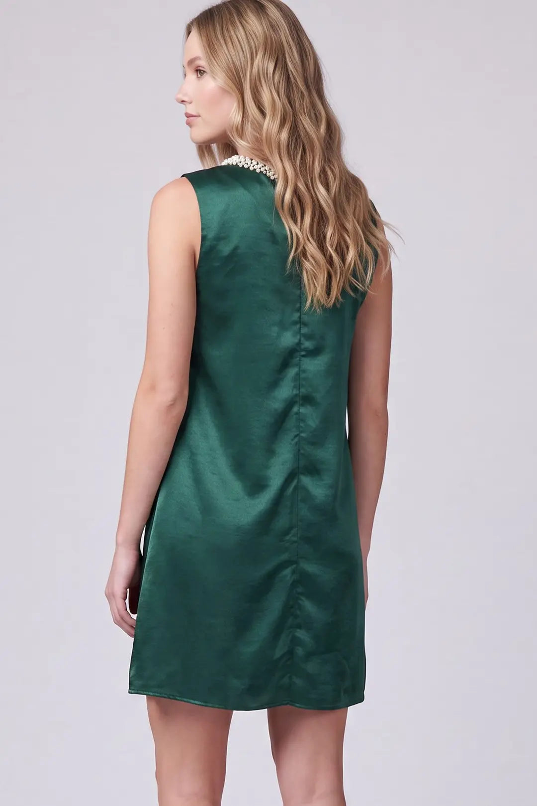 Emerald Elegance Pearl Neckline Satin Mini Dress