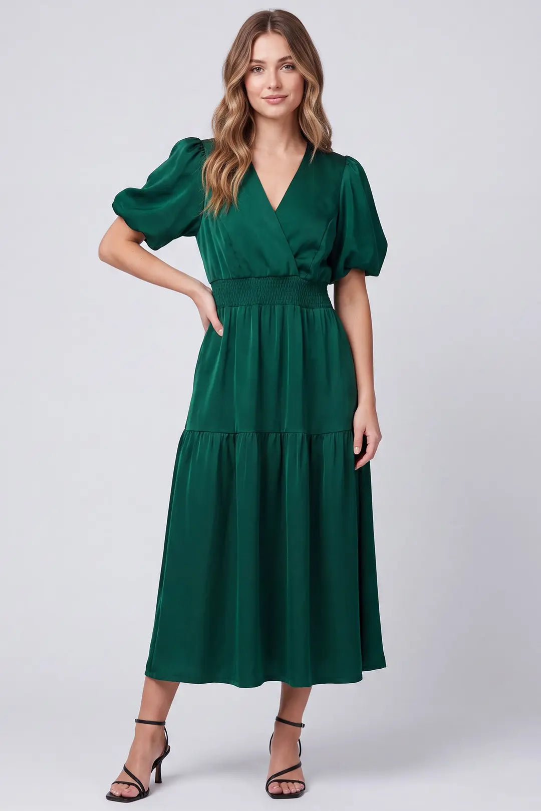 Emerald Elegance Puff Sleeve Midi Dress