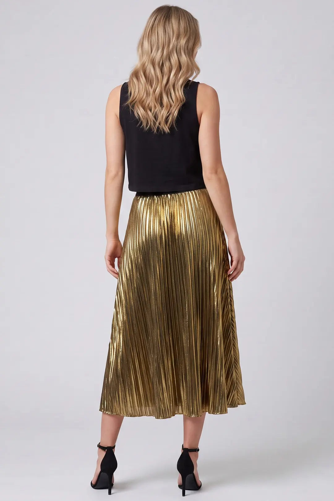 Golden Hour Glam Metallic Pleated Midi Skirt