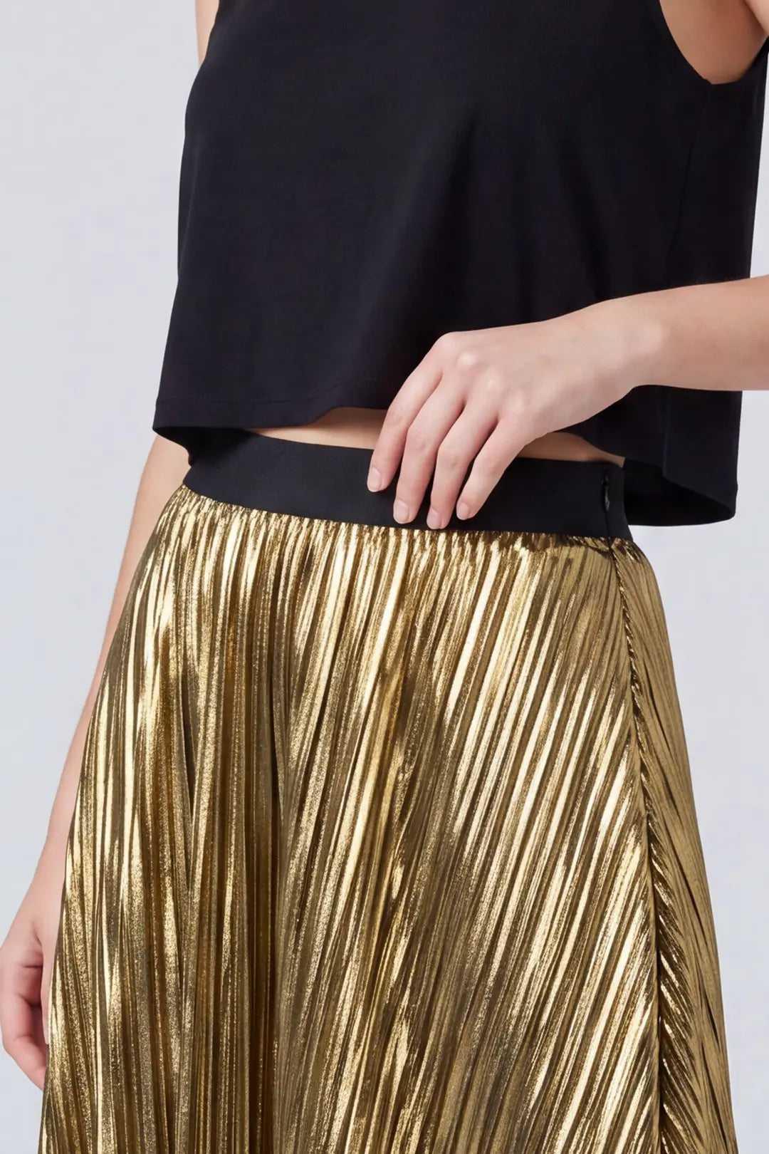 Golden Hour Glam Metallic Pleated Midi Skirt