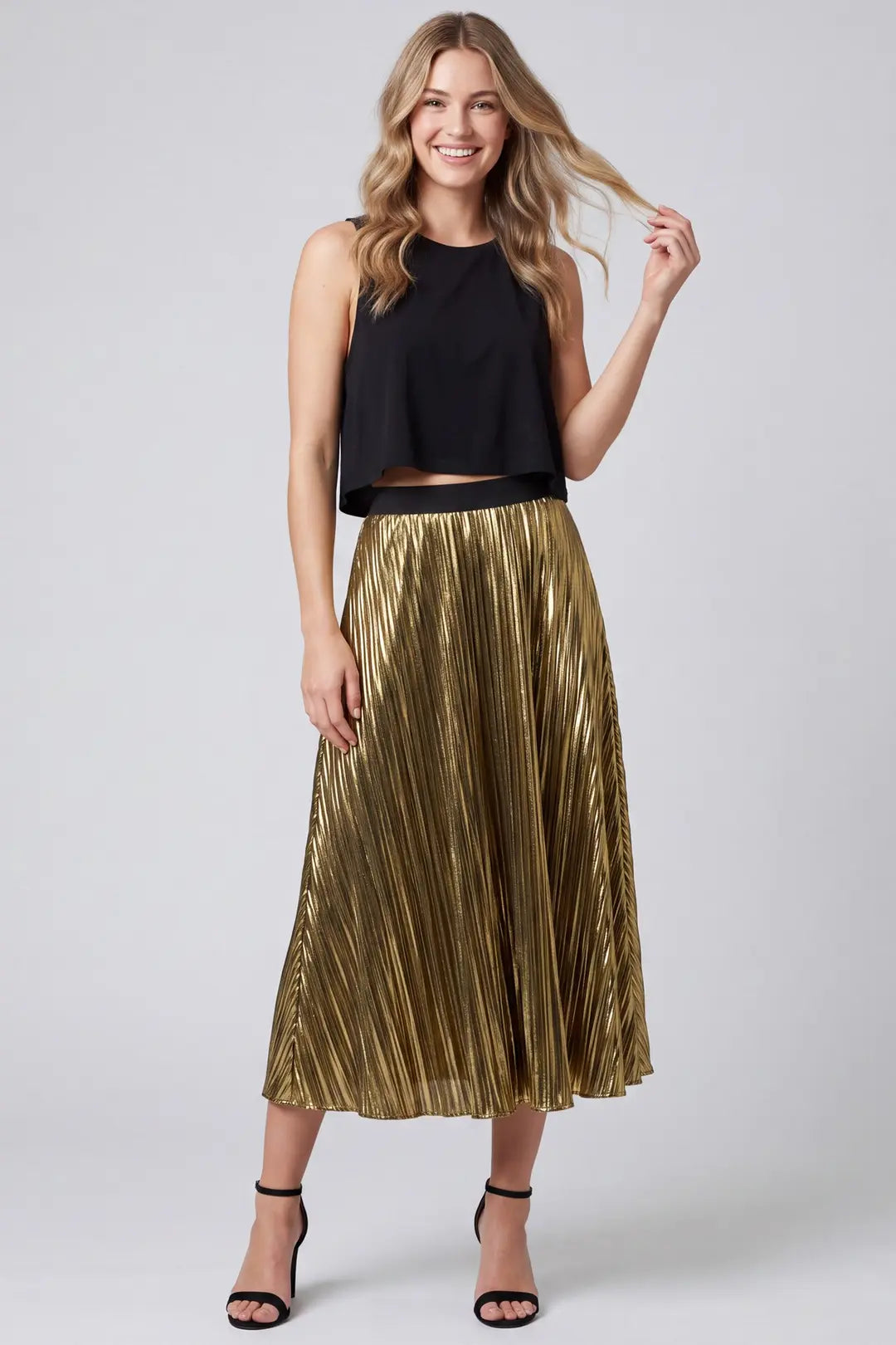 Golden Hour Glam Metallic Pleated Midi Skirt
