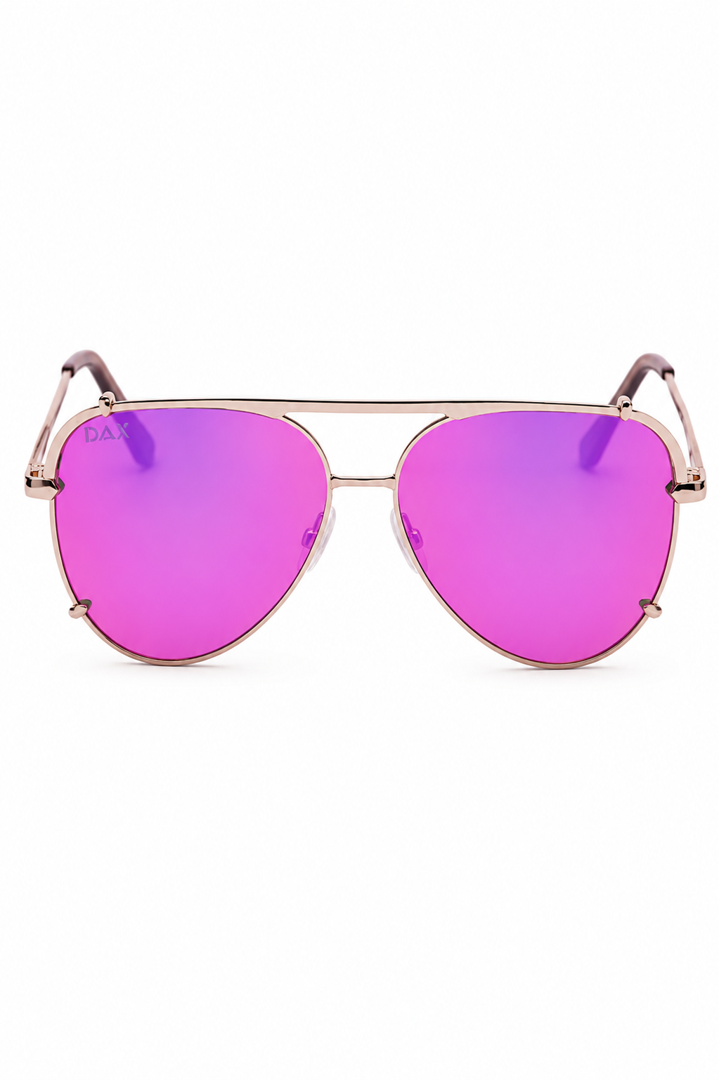 Pink metal aviator sunglasses with reflective purple lenses, lightweight frame, and tangle-free nose pads for stylish sun protection.