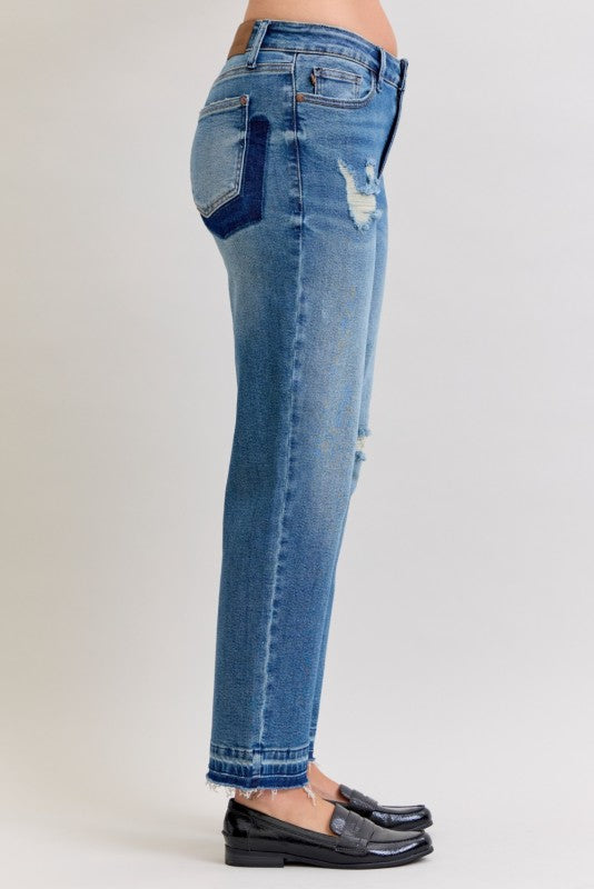 Judy Blue Mid Rise Boyfriend Patch & Repair Destroy Release Hem 881045