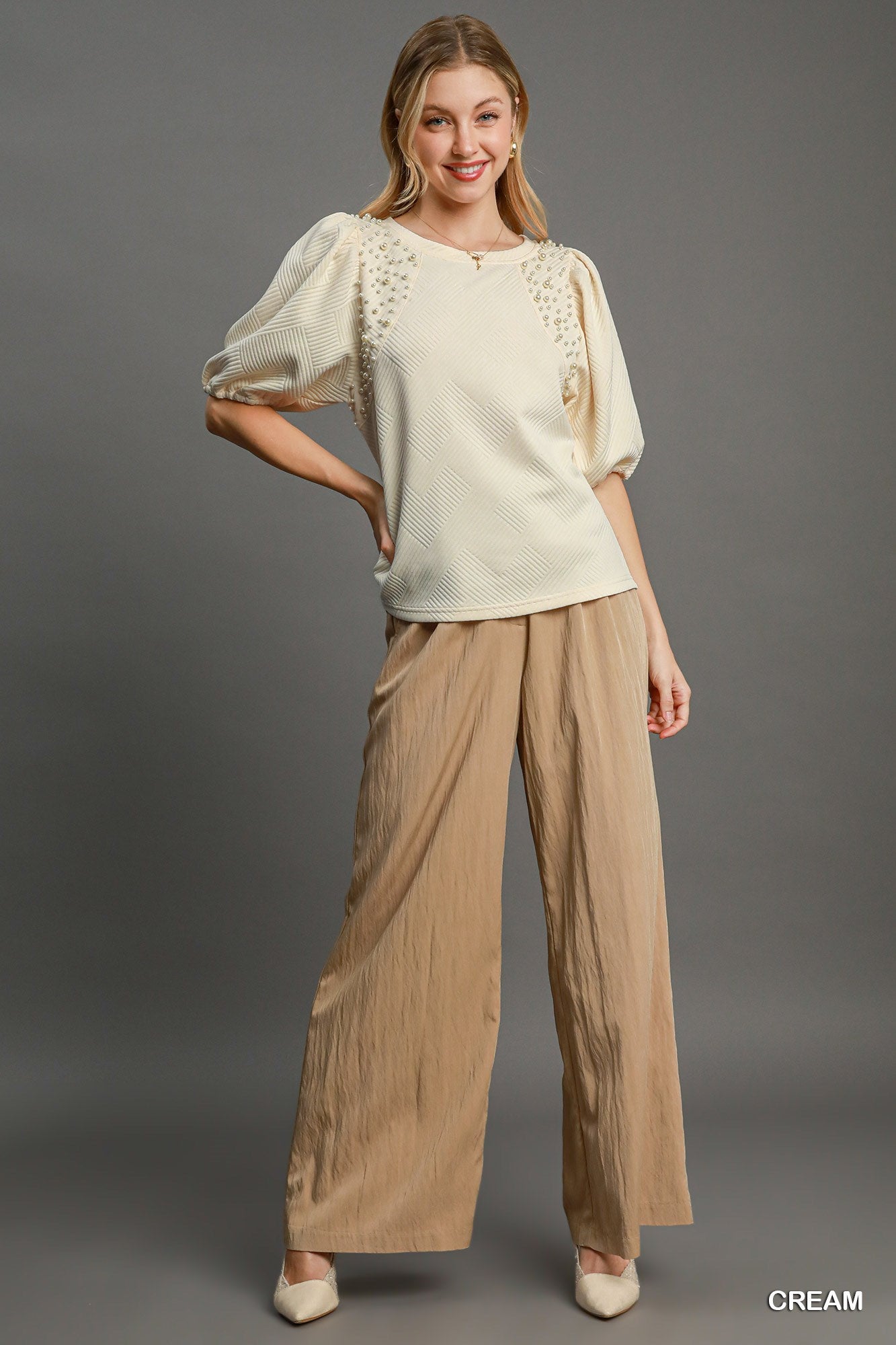 Pearl Puff Sleeve Jacquard Top By Umgee
