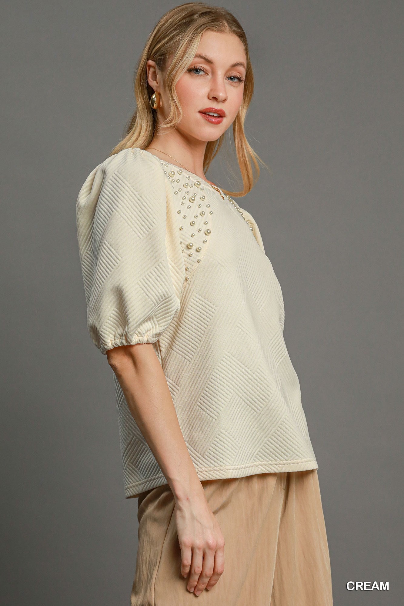 Pearl Puff Sleeve Jacquard Top By Umgee